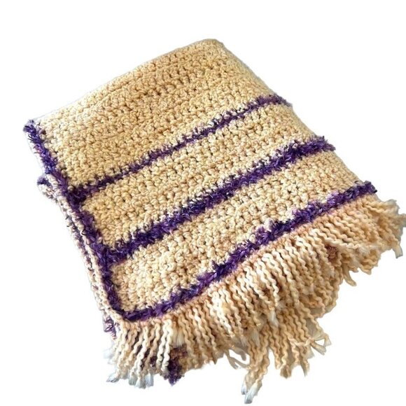 Handmade Crocheted Afghan Throw Blanket  Yellow Purple Soft Fringe 30x 70 in - Picture 3 of 9